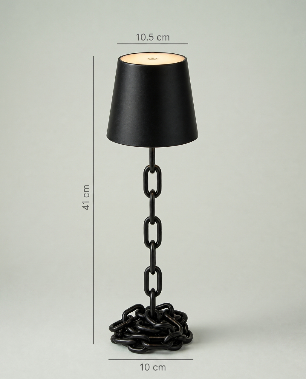 Chain Cone black iron chain lamp, conical shade, touch, USB-C cordless, 41 cm — dimensions in cm | Dalfa CH/FR