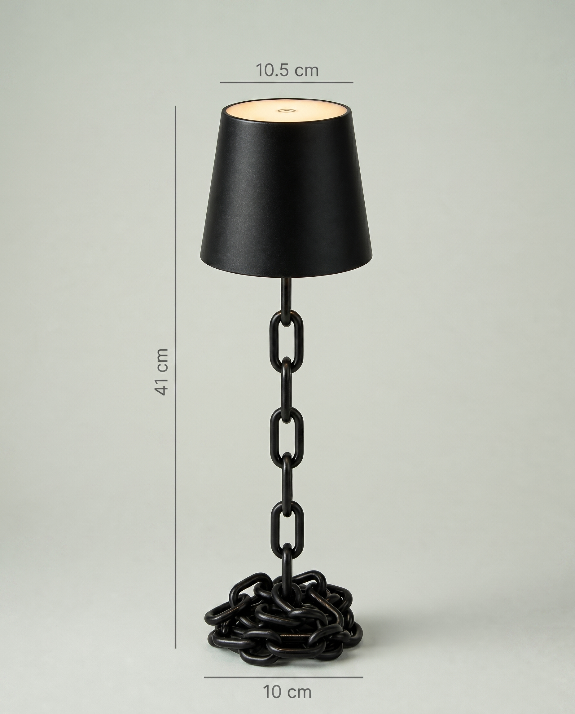 Chain Cone black iron chain lamp, conical shade, touch, USB-C cordless, 41 cm — dimensions in cm | Dalfa CH/FR