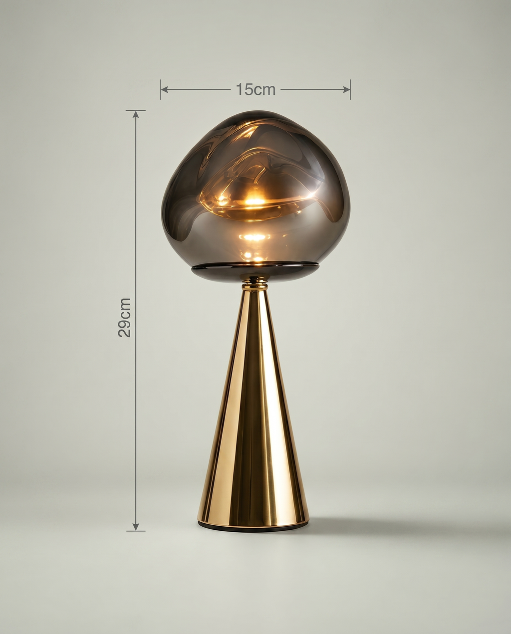 Mushroom Fumé smoked blown-glass globe lamp, golden cone base, dimmer 2700K — dimensions in cm | Dalfa CH/FR