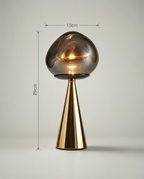 Mushroom Fumé smoked blown-glass globe lamp, golden cone base, dimmer 2700K — dimensions in cm | Dalfa CH/FR