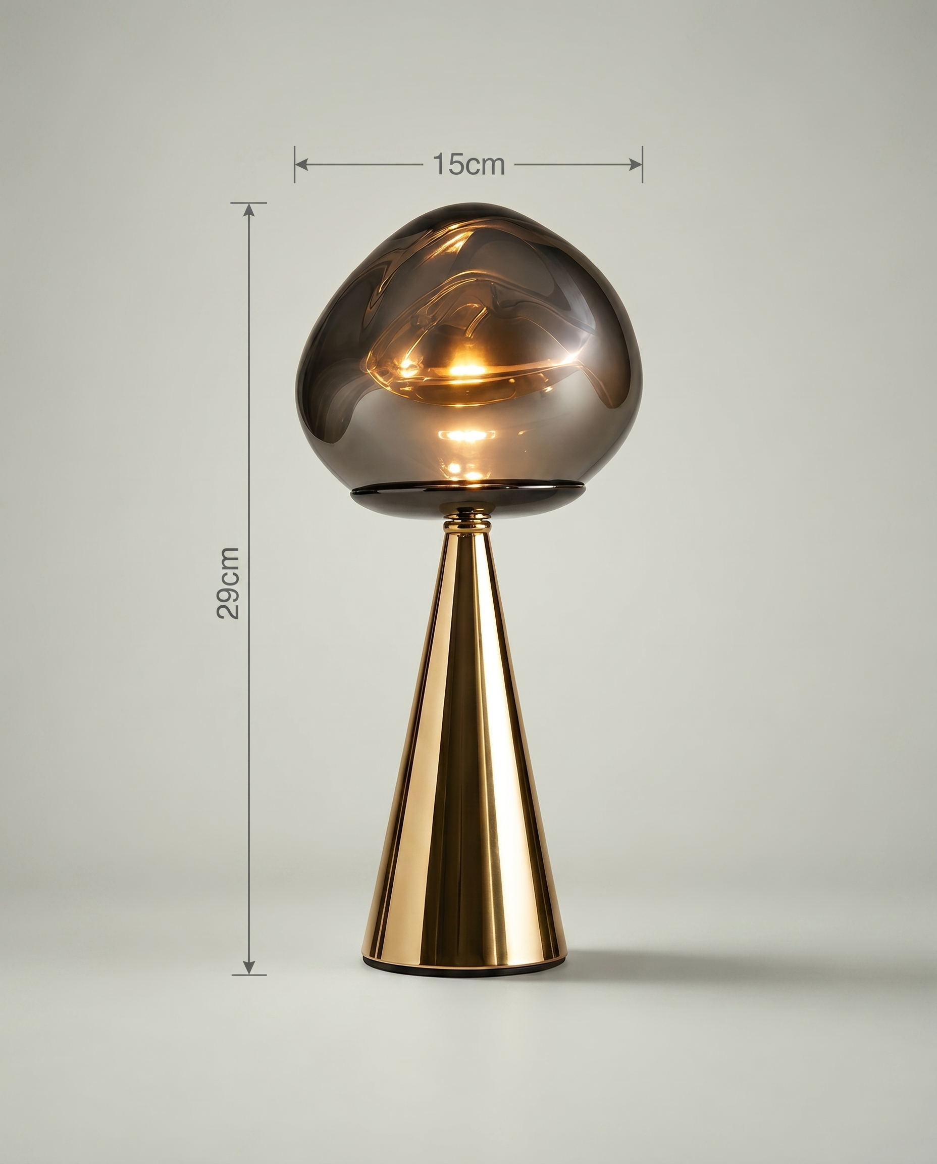 Mushroom Fumé smoked blown-glass globe lamp, golden cone base, dimmer 2700K — dimensions in cm | Dalfa CH/FR