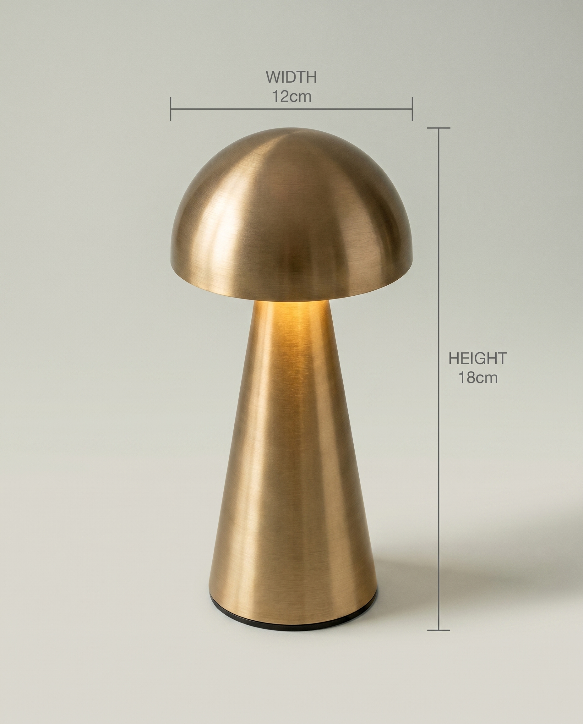 Copper Dome compact metal dome lamp, touch dimmer, USB-C cordless — dimensions in cm | Dalfa CH/FR