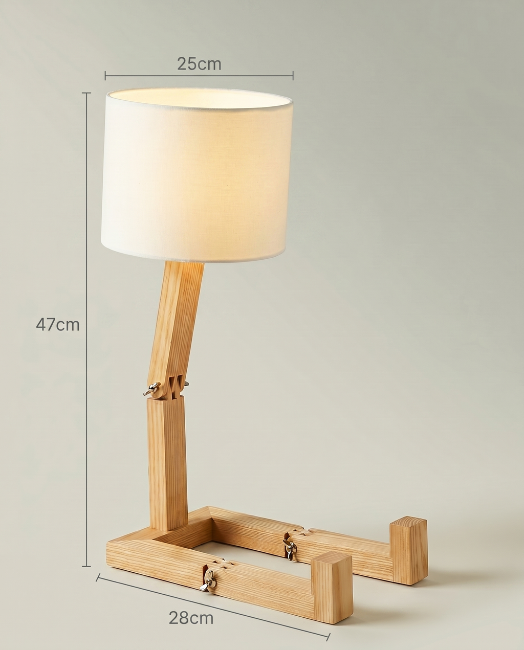 Wooden Step solid pine desk lamp, stepped base, cream drum shade, 47 cm — dimensions in cm | Dalfa CH/FR