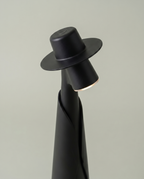 Matte black figure lamp hat from above, brim and touch crown, hidden LED spotlight — detail | Dalfa CH/FR