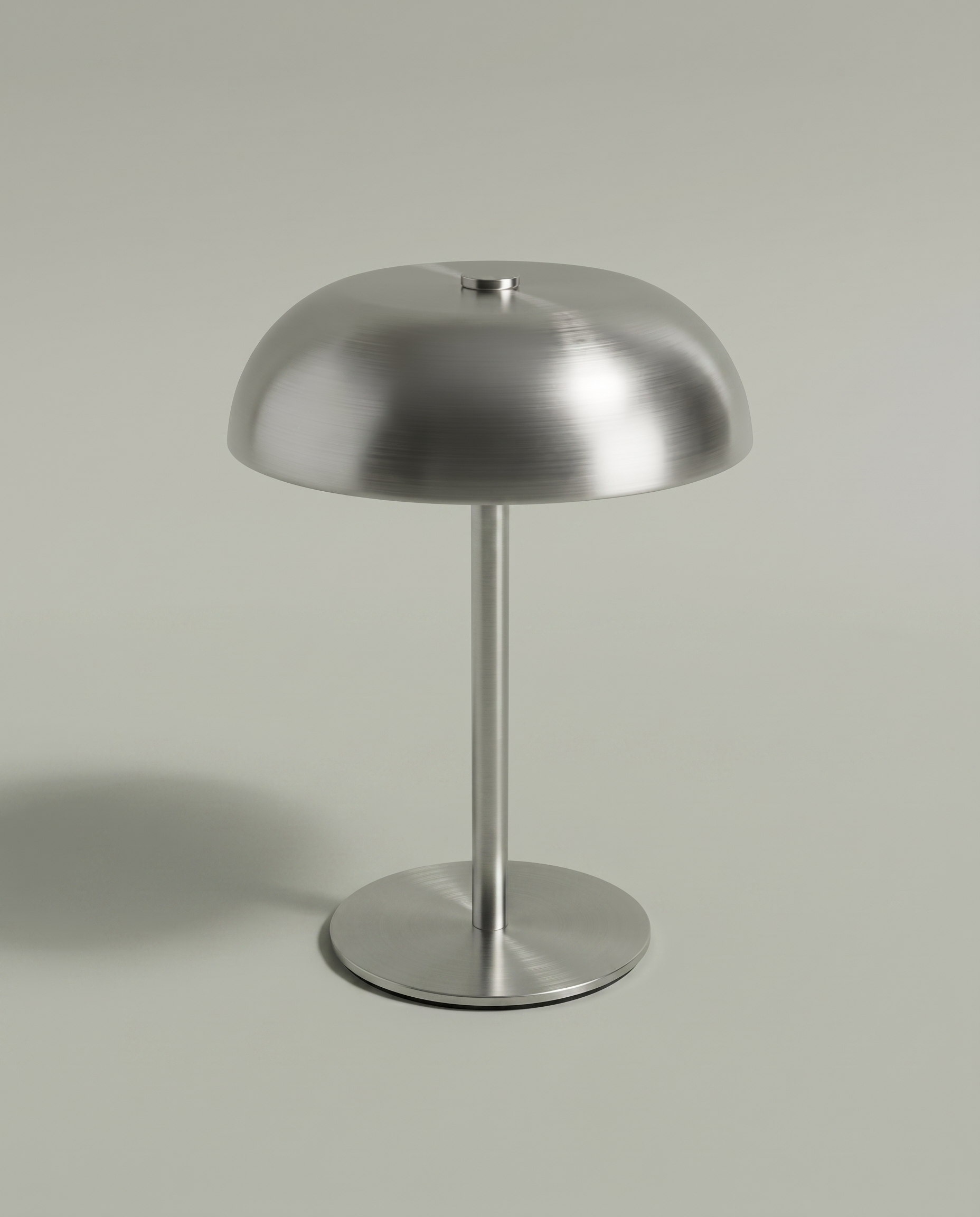 Brushed steel mushroom dome lamp, unlit, cordless USB-C, ~16 cm — studio | Dalfa CH/FR