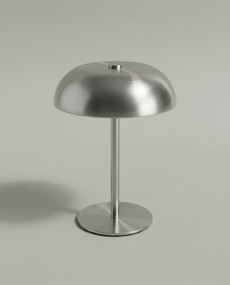 Brushed steel mushroom dome lamp, unlit, cordless USB-C, ~16 cm — studio | Dalfa CH/FR