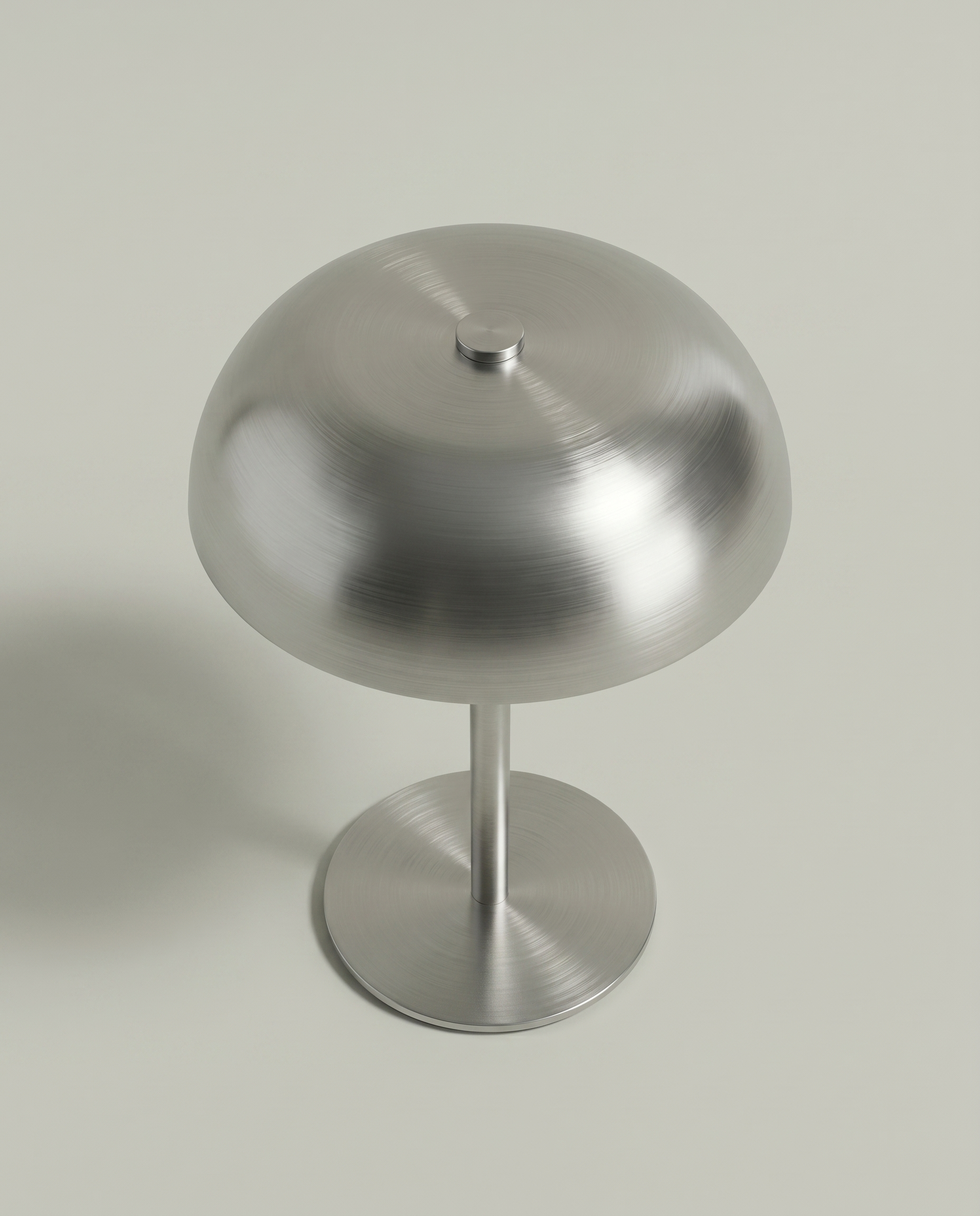 Brushed steel dome lamp from above, smooth dome and finial knob — detail | Dalfa CH/FR