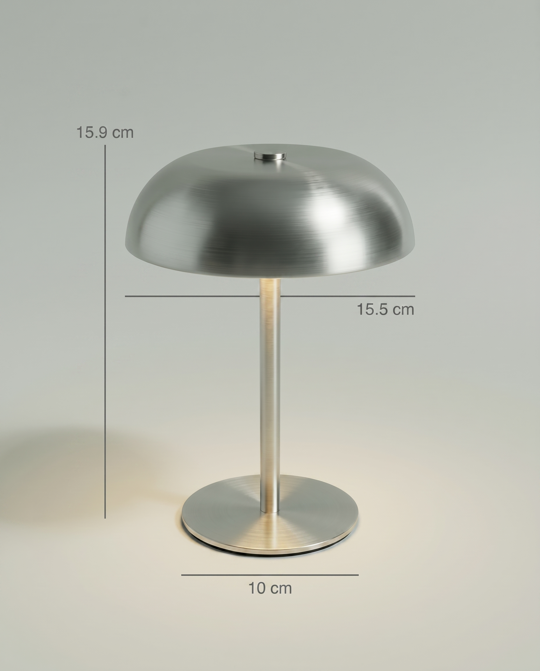 Brushed steel dome lamp dimensions: 15.9 cm height, 15.5 cm dome, 10 cm base — Dalfa CH/FR