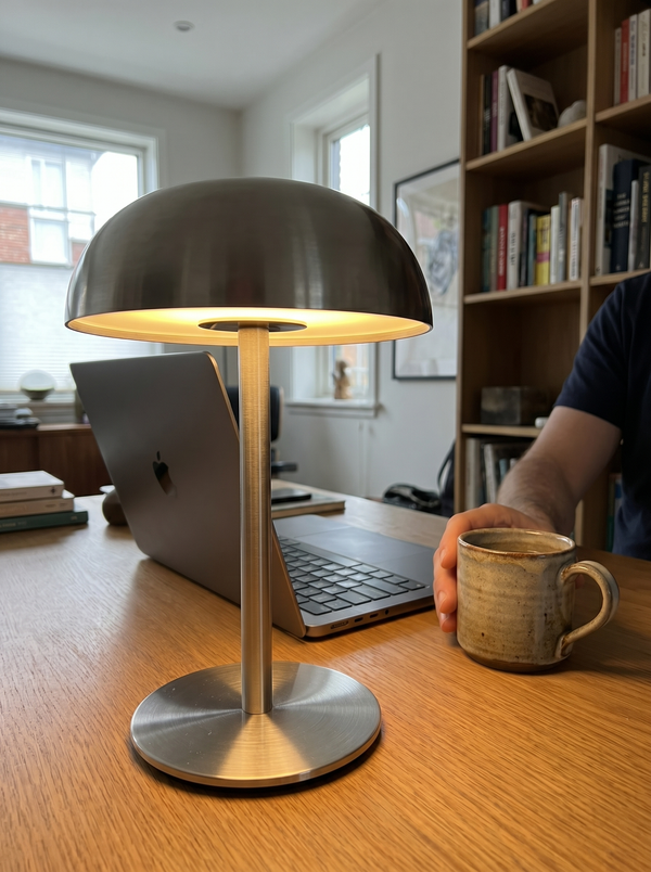 Brushed steel dome lamp lit on a home-office desk beside a laptop and mug — Dalfa CH/FR