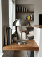 Brushed steel dome lamp on a reading-nook shelf with books and a plant — Dalfa CH/FR